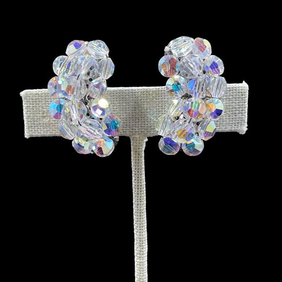 Vintage Iridescent Beaded Clip On Earrings Coquette Retro Statement Glam Sparkle - Picture 2 of 6